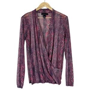 INC International Concepts Surplice Top Womens L Pink Snake Print Sheer Y2K Boho